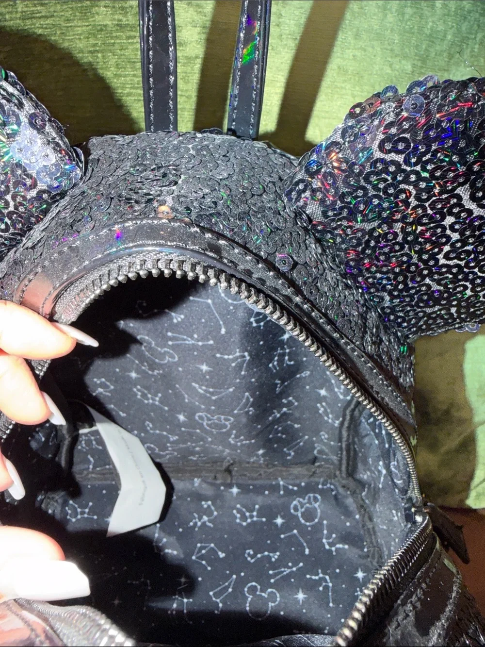Disney Black Holographic Sequin Minnie Ears Backpack with Black Bow and Straps